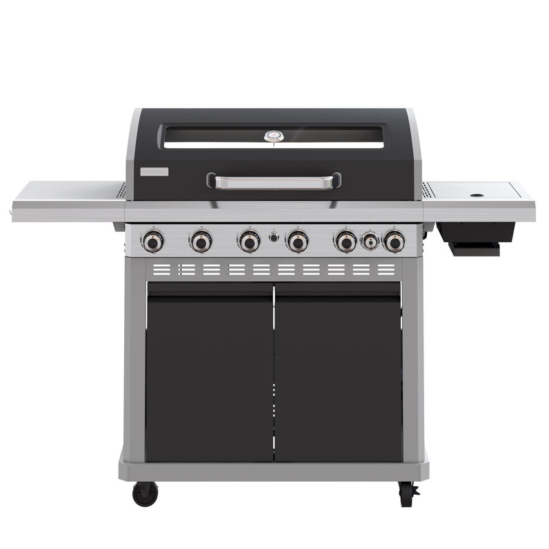 Barbecue au propane à 6 brûleurs avec brûleur latéral infrarouge, plaque chauffante, pierre à pizza et fenêtre d'observation