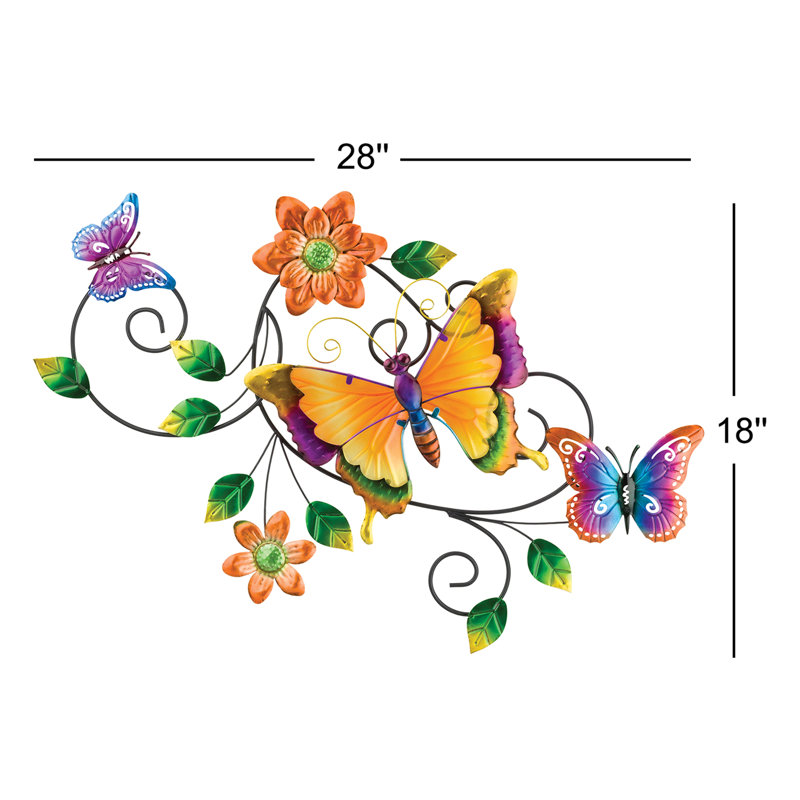 28" Garden Vibe Metal and Glass Floral Butterfly Wall Décor with Painted Wing Accents - Garden Vibe, Butterfly