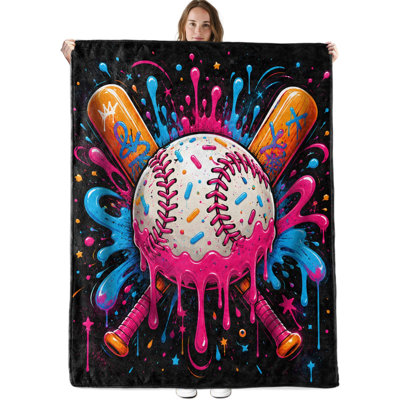 Couverture de baseball en flanelle à motif graffiti fluo, cadeau idéal pour les amateurs de baseball, décoration sportive colorée, jeté léger pour canapé, lit, bureau ou voyage, 76 x 102 cm