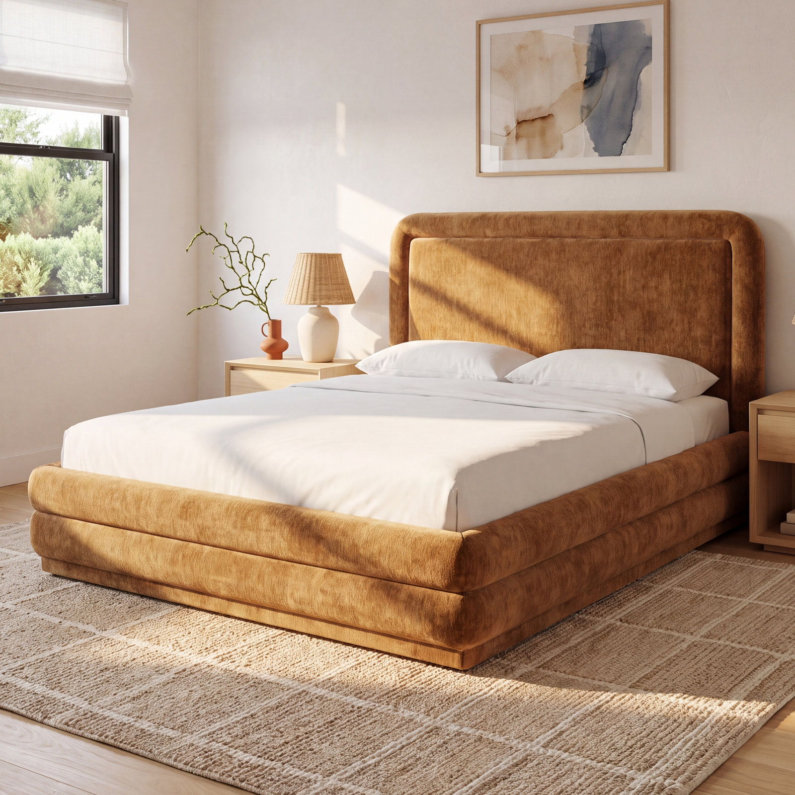 Chenille Upholstered Bed, Amber, Queen