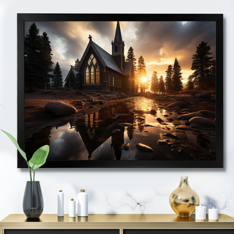 Paysage d'églises d'églises sur toile, Cadre flottant noir, H 30 po x l 40 po x P 1,5 po