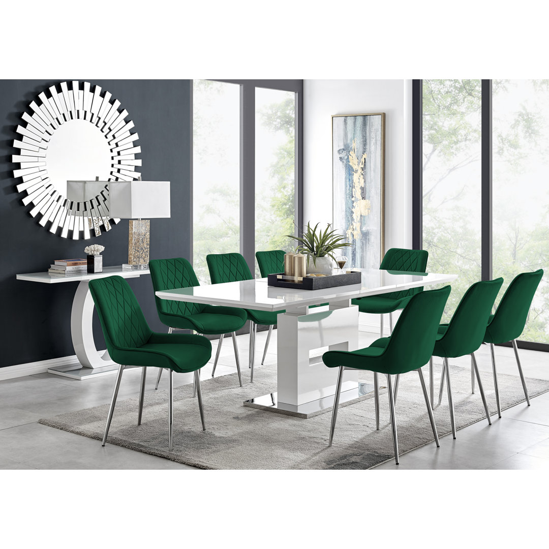 Areza High Gloss Extendable Dining Table Set with 8 Luxury Velvet Dining Chairs East Urban Home Chair 