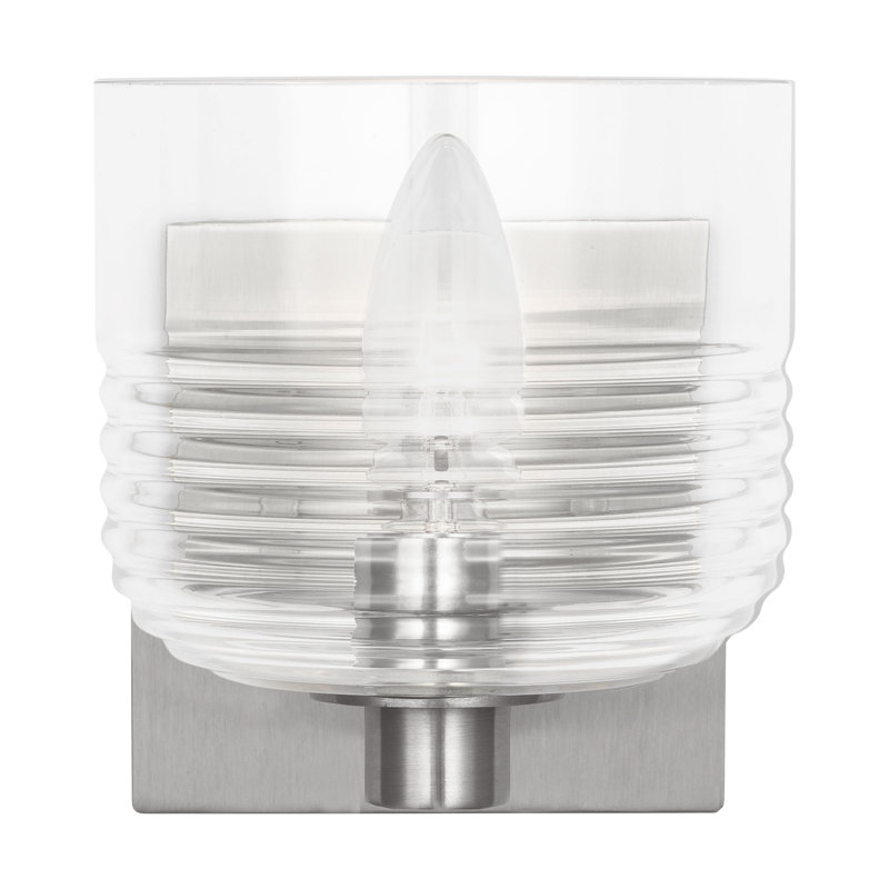 Lochdale Bathroom Bedroom Wall Fixture With Clear Ribbed Shade, 1 Light, Brushed Nickel, 6.125" H x 5.375" W x 7.875" D