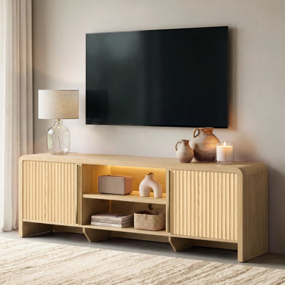 Meuble télé cannelé de 70 po avec téléviseur à DEL 3 couleurs Caly, armoire de rangement moderne avec tablette ouverte réglable pour salon Caly