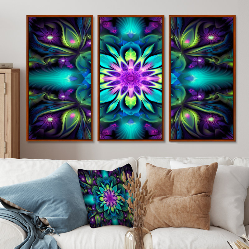 Turquoise néon fractal fleurs II - ensemble de décoration murale mandala boho, Cadre flottant brun