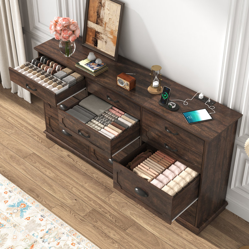 12-Drawer Dresser With Charging Station, 70-Inch Wooden Chest Of Drawers With Power Outlet, Extra-Large Storage Dresser For Bedroom, Living Room, Or Entryway