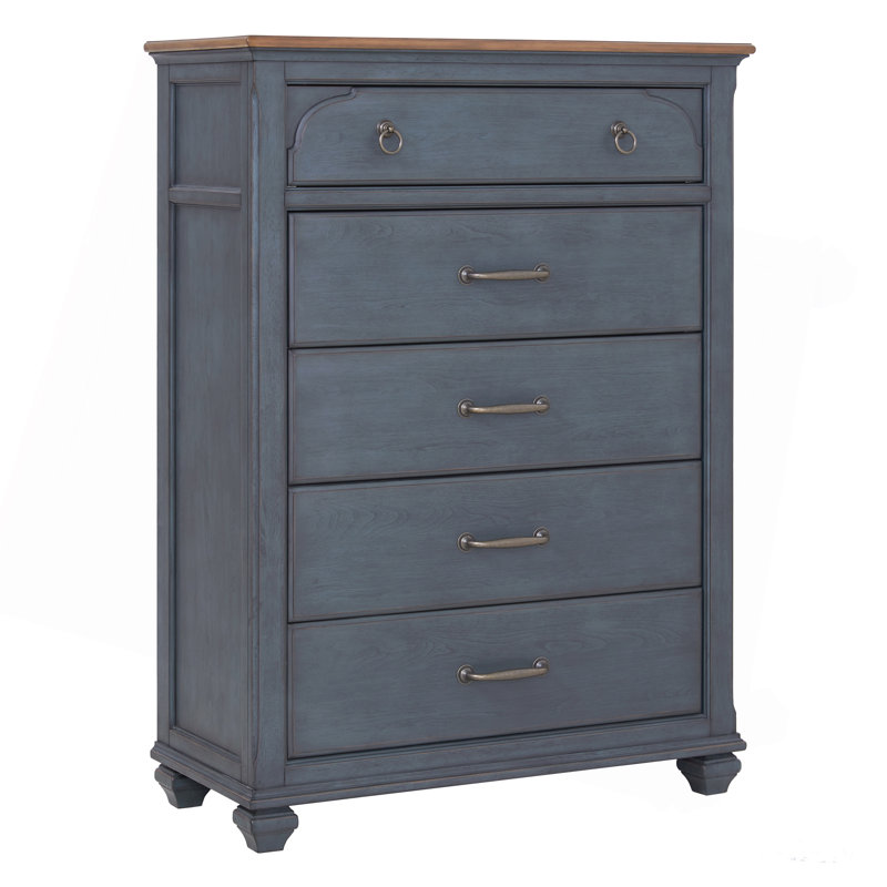 Commode à 5 tiroirs, aucun assemblage requis, finition bleue en velours côtelé