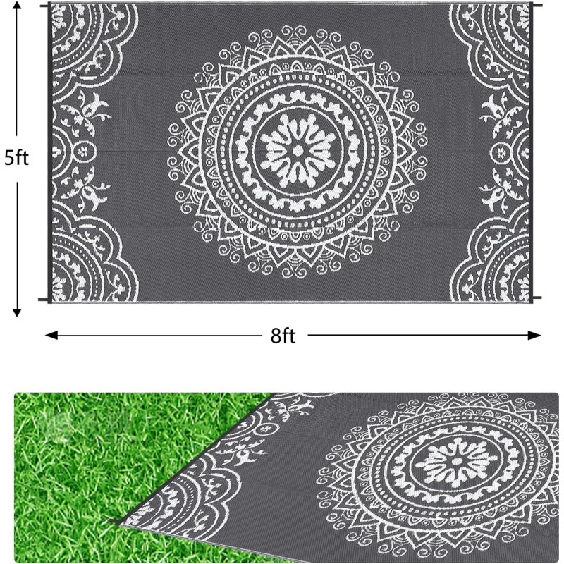 5' x 8' Reversible Mats, Plastic Straw Rug, Modern Area Rug,  Floor Mat for Outdoors, RV, Patio, Backyard, Deck, Picnic, Beach, Trailer, Camping, Porch, Balcony, Persia Grey & White