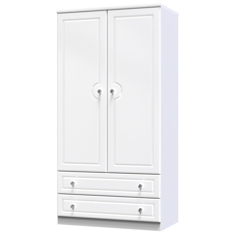 Conover Wide 2 Drawer Double Wardrobe , White Gloss/White