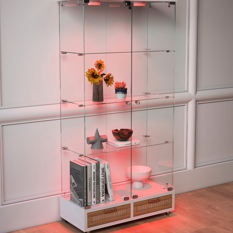 Petite vitrine en verre à 4 tablettes avec éclairage à DEL de 13 couleurs, fonction de verrouillage et 2 tiroirs pour bureau, salon, boîte de rangement multifonctionnelle blanche à montage rapide