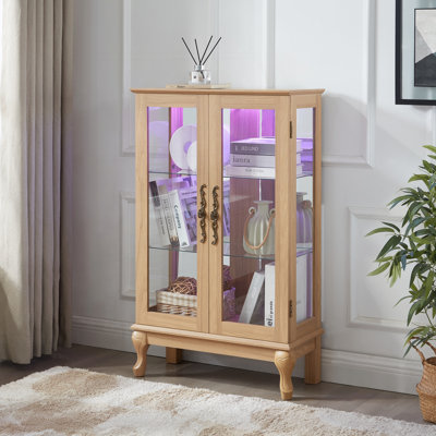Elegant Light Oak Curio Cabinet With Tempered Glass Doors, LED Light, Mirrored Back Panel & Adjustable Shelves – Perfect Display Storage For Home & Office