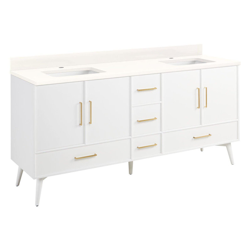 72" Novak Double Bathroom Vanity Set with Rectangular Undermount Sinks, Natural Teak, 8" Widespread, Arctic White Quartz