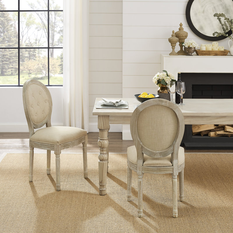 Chaise en lin sans accoudoirs avec finition en bois brossé antique, Beige
