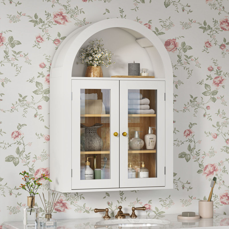 Wall Bathroom Cabinet with Glass Doors, Wood Medicine Cabinet with Adjustable Shelf, Arched Hanging Cabinet for Bathroom, Living room, White