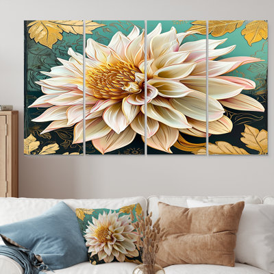 Blooming White Dahlia Flower Gold Retro Leaves - Dahlia Wall Art 4 Piece
