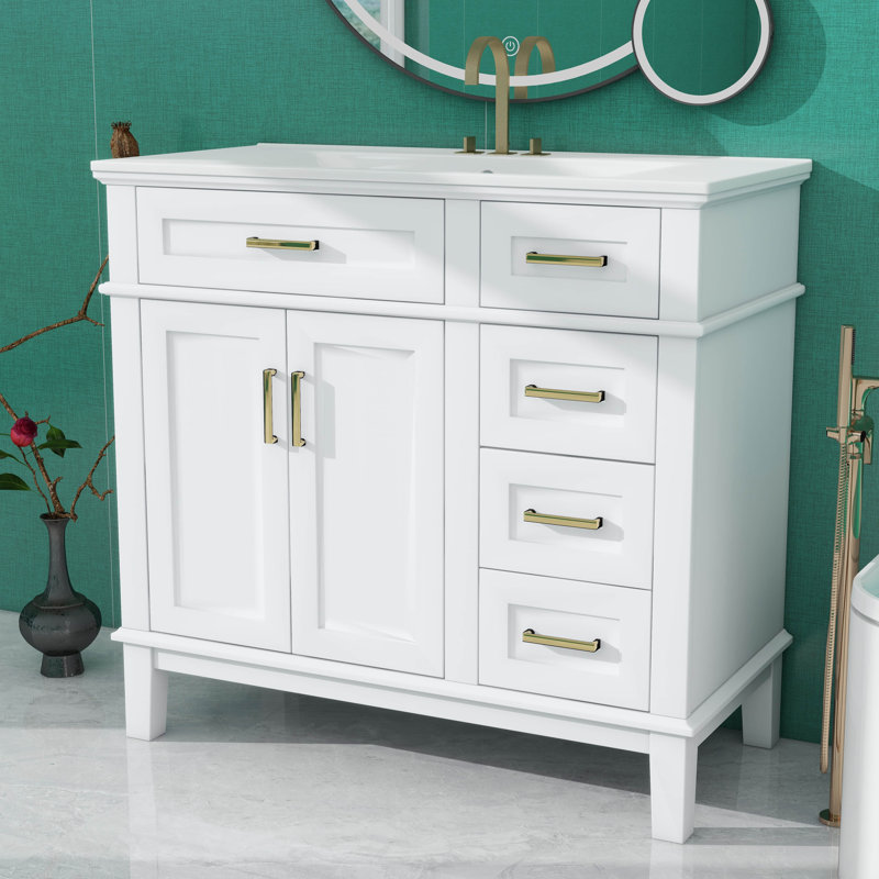 Meuble-lavabo de 36 po avec lavabo en céramique, armoire de rangement moderne avec 2 portes à fermeture douce et 4 tiroirs, élégant pour petite pièce, appartement