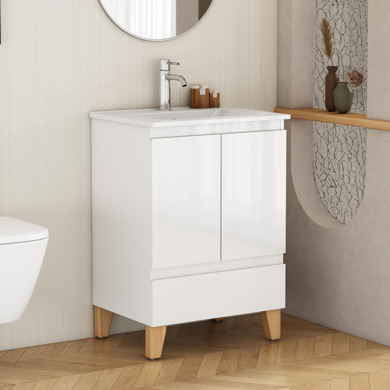 Ensemble de meuble-lavabo moderne 24 po avec lavabo, meuble-lavabo avec 2 portes et 1 tiroir, système anti-égratignures, conception sans poignée, pieds en bois massif naturel, lavabo en céramique, assemblage facile, blanc brillant