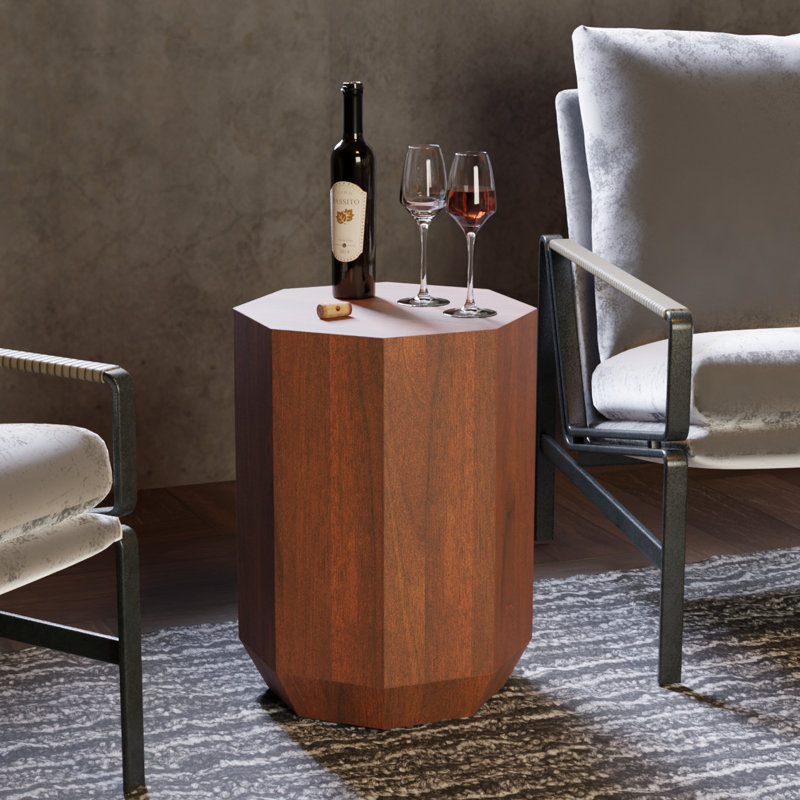 Modern Solid Wood End Table with Geometric Pedestal Base, Walnut Finish