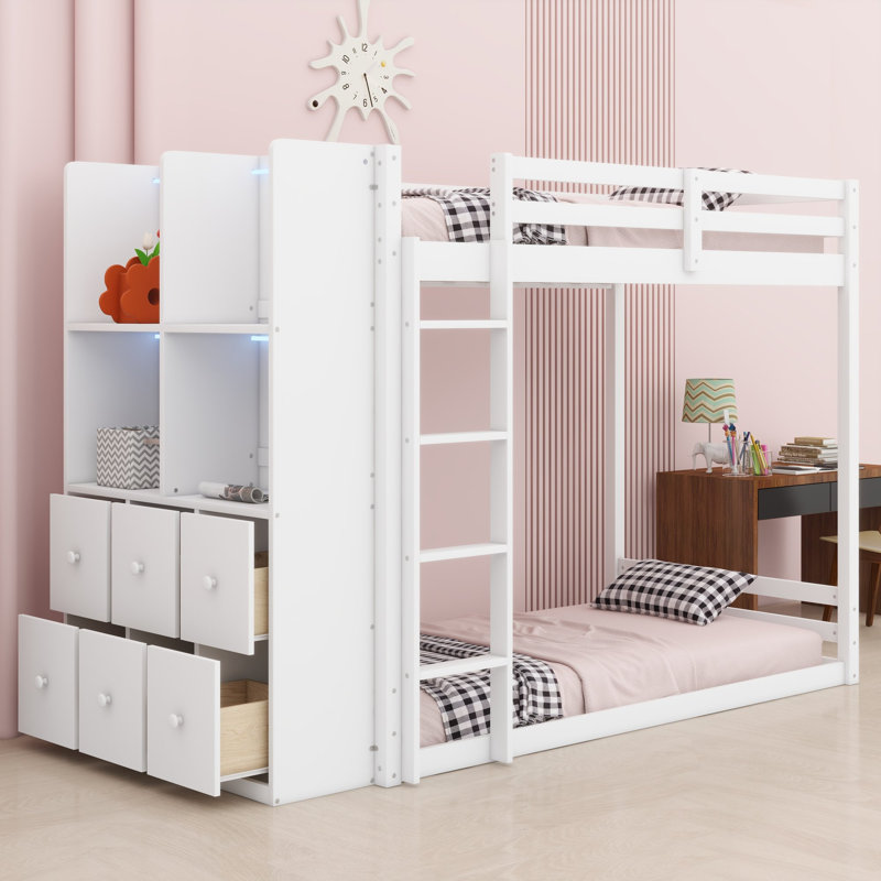 Lit superposé avec éclairage contrôlé par application, tiroirs de rangement et étagères pour chambres partagées, White
