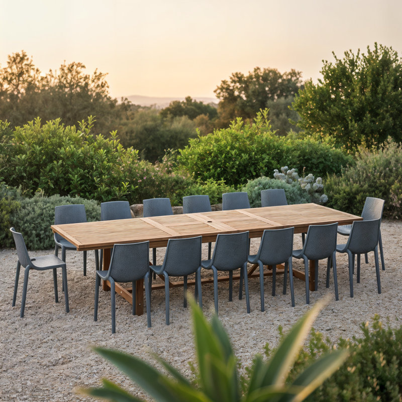 Wayland 15-Piece Outdoor Rectangular Extendable Dining Table And Chairs Set | Teak Finish | Ideal For Patio, Light Brown Table & Grey Chairs