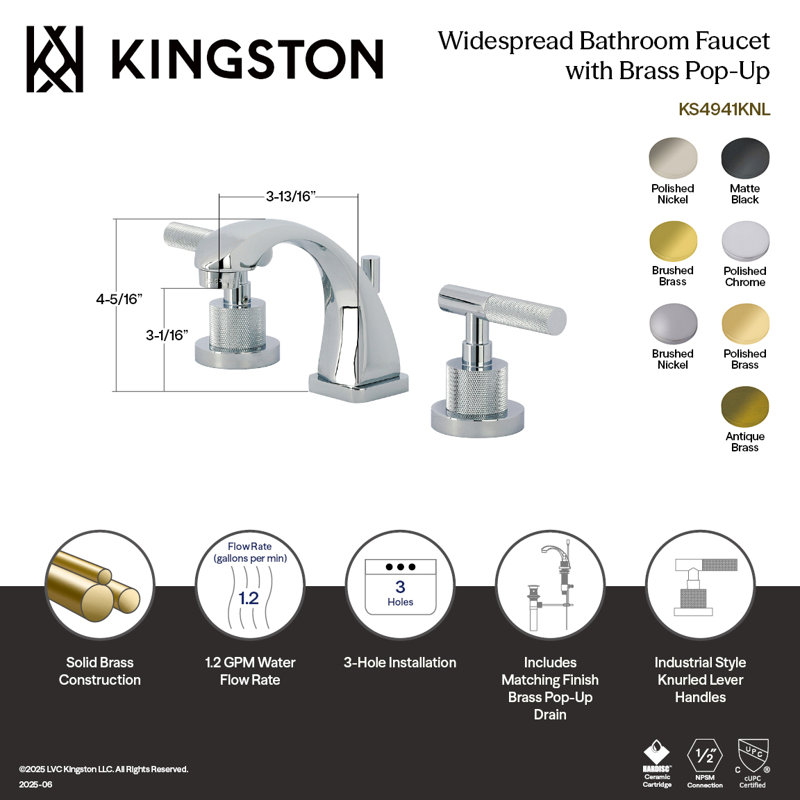 Robinet de salle de bain espacé à deux poignées à fixation sur le comptoir avec poignée moletée et bonde escamotable en laiton Kingston