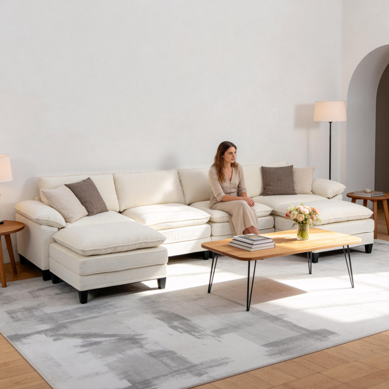 Canapé modulaire de 113 po avec housses amovibles en tissu de lin 113 po, H 37,6 po x l 113 po x P 53 po