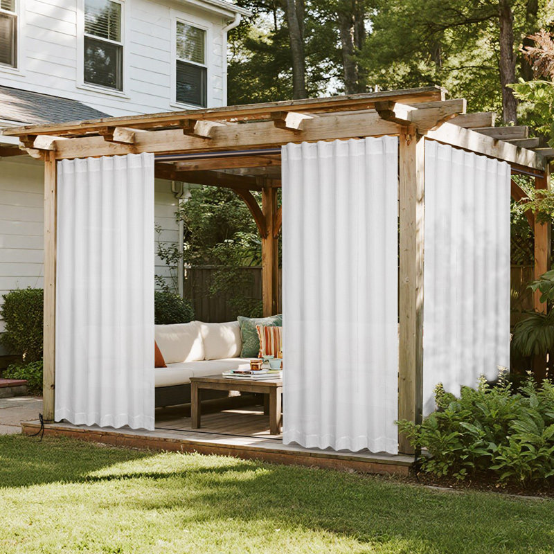 Solid Color Stripe Light Filtering Back Tab Outdoor Curtains, White, 52" W x 96" L