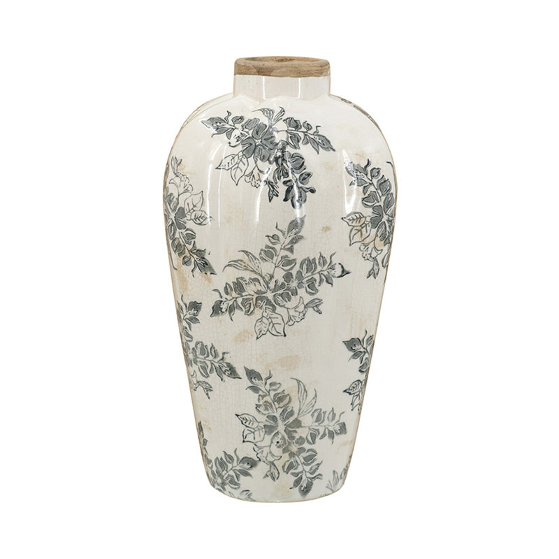 White Ceramic Accent Vase With Gray Floral Design, 13.6" H x 8.1" W x8.1" D