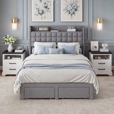 Avelyn Upholstered & Farmhouse 2-Drawer Storage With Charging, 3-Piece Bedroom Set
