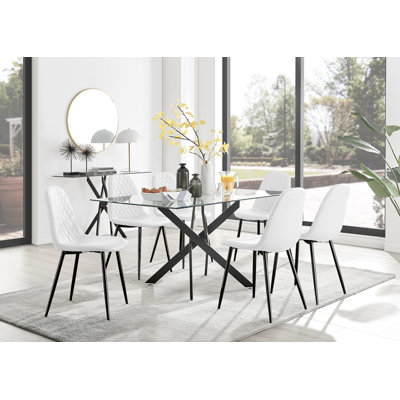 Lenworth Modern Black Metal and Glass Dining Table Set with 6 Luxury Faux Leather Dining Chairs