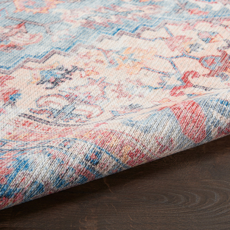Tapis oriental bleu / rouge lavable à la machine, Rectangle 3 pi x 5 pi
