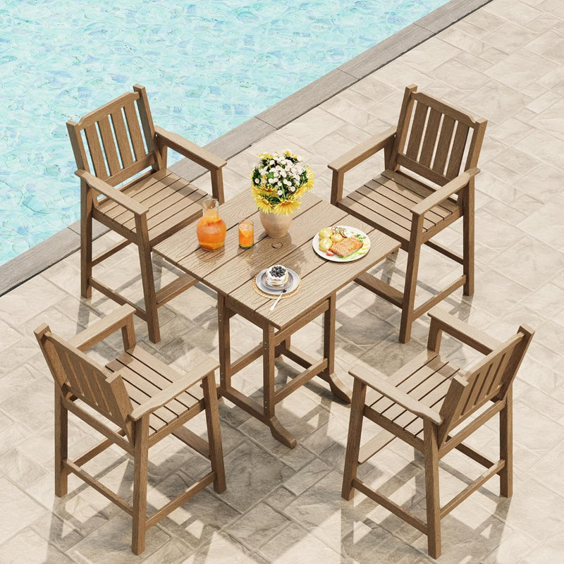 Outdoor Slatted Bar Table and Chairs Set for 5, 5-Piece Bar Height Table and Chairs with Umbrella Hole and Footrest, HDPE All-Weather Patio Bar Set for Balcony, Backyard, Poolside