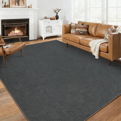 Grand tapis lavable 9 x 12 pi - Tapis moderne antidérapant tissé uni pour le salon, la chambre à coucher, la chambre de bébé, la salle à manger - ultra-mince, sans perte de poids, pliable, noir