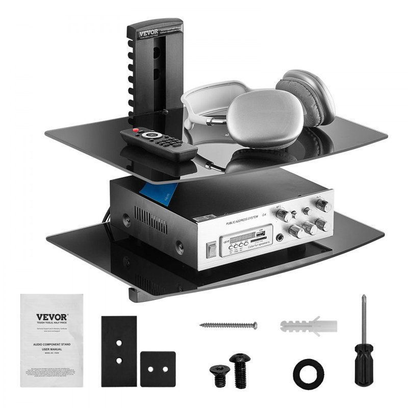 2 Tiers Wall Mounted AV Media Stand Adjustable Floating Projector Shelf, Design 2-Tier AV Media Stand Corner Shelf