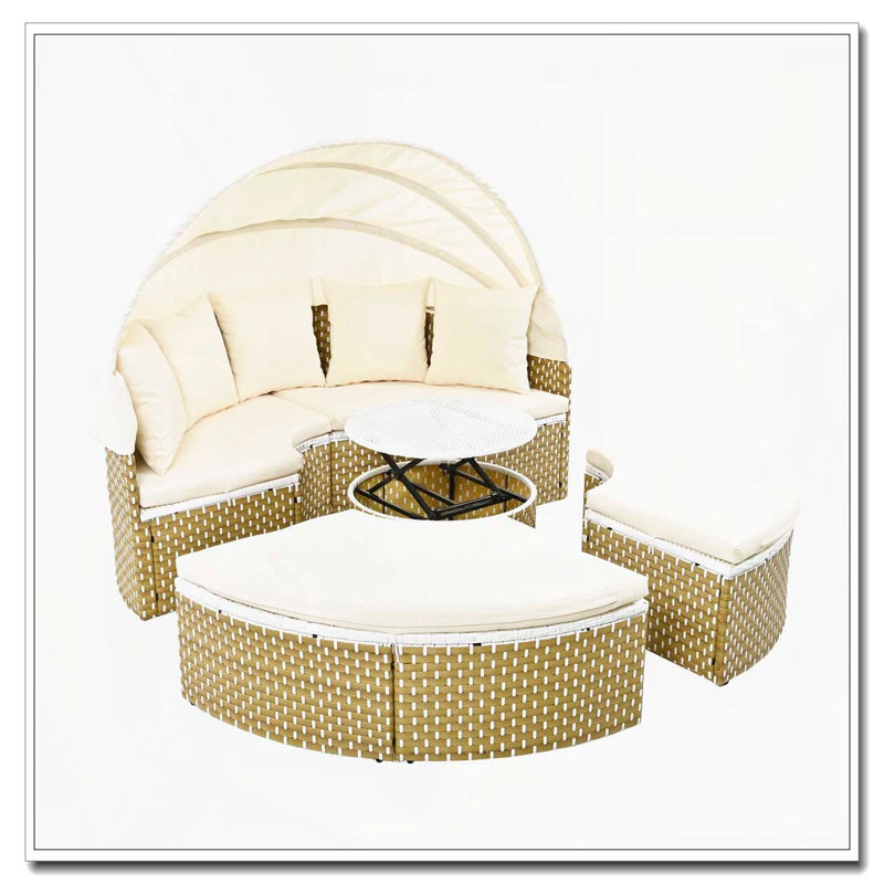 Ensemble de canapé modulaire d'extérieur rond en rotin à deux tons avec auvent rétractable, Beige
