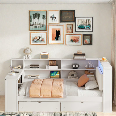 Lit de jour en bois avec tablettes de rangement, 2 tiroirs, station de charge, DEL, bureau et tête de lit tapissier