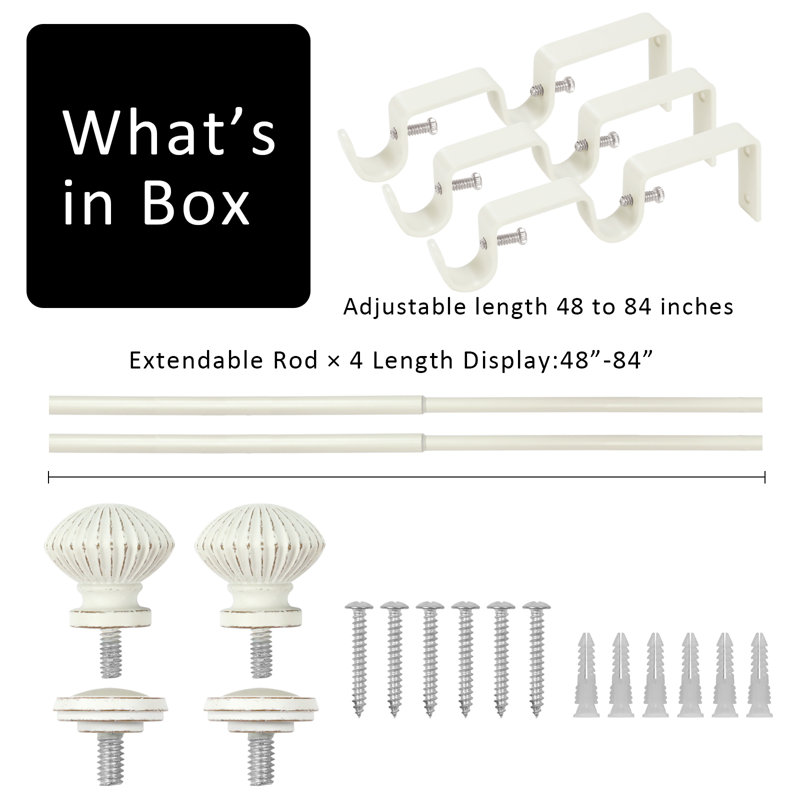 Tringle à rideaux double 5/8 po avec embouts de bateau, Blanc patiné, 48" - 84"