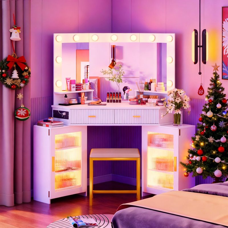 Modern Corner Makeup Vanity Set with Mirror and Cabinets