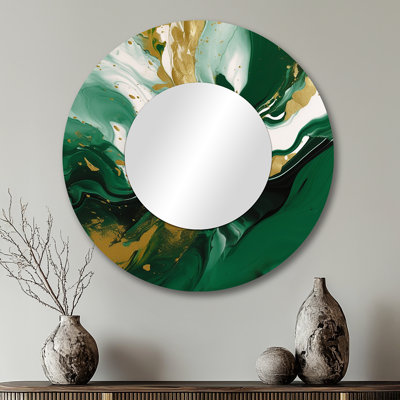 Green and Gold Liquid Magic II - Abstract Unique Wall Mirror, Green Round Mirror, Printed Metal Art