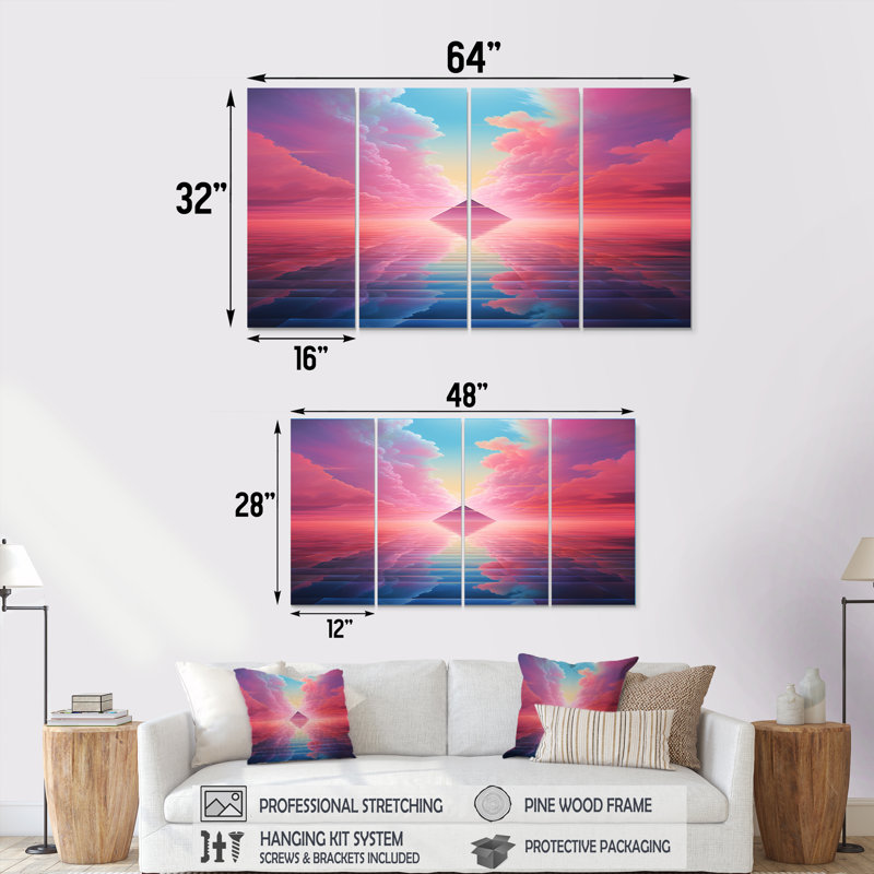 «Pink Diamond Horizon», art mural abstrait 4 pièces, H 28 po x l 48 po