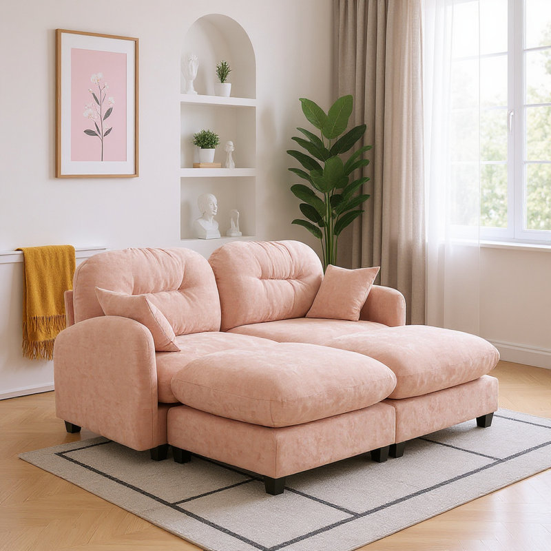 Canapé modulaire en chenille 2 places avec 2 coussins et 2 repose-pieds, H 36,6 po x l 74 po x P 34,2 po, Rose