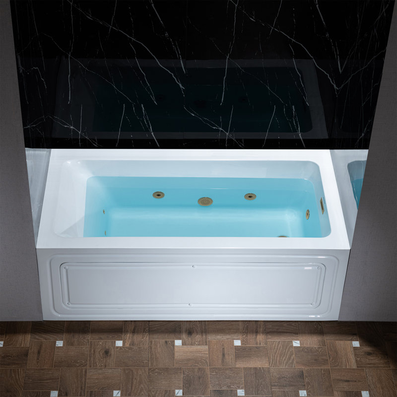 60" X 30" Alcove Acrylic Rectangular Whirlpool Heated Jetted Tub In White With Drain and Overflow, Right, Brushed Gold