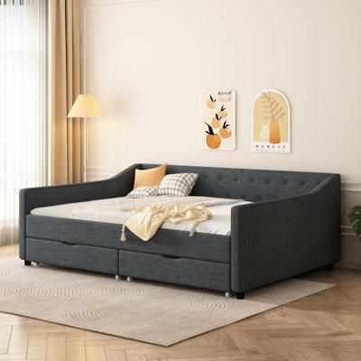 Lit tapissier pleine grandeur gris foncé avec tiroirs, conception moderne pour espace de vie principal, finition passepoilée à accoudoirs ondulés, coussins en éponge respirant à boutons, lit de jour en bois franc d'ingénierie