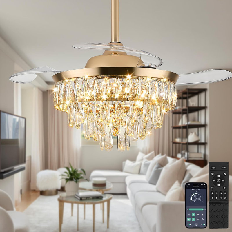 Ventilateur de plafond moderne en cristal 36 pouces avec lumières et télécommande DEL Fandelier