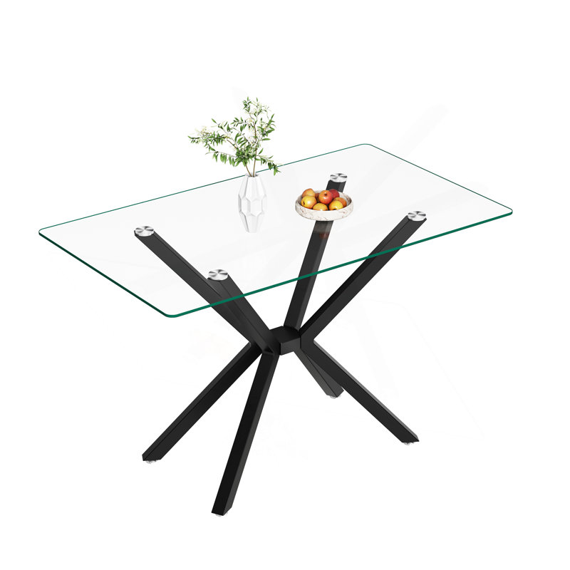 Table de salle à manger de 47,24 po rectangulaire en verre trempé transparent, conception élégante avec pieds en métal, table de cuisine pour la salle à manger
