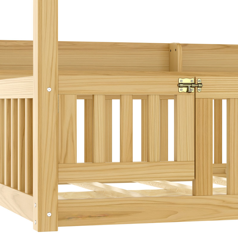 Scandinavian  Montessori Floor Bed with Guardrails and Smart Storage, Natural, Full