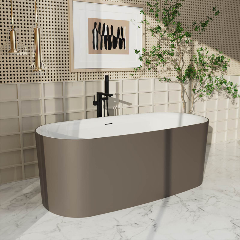 59'' x 28'' Brown Freestanding Soaking Acrylic Bathtub with Chrome Drain