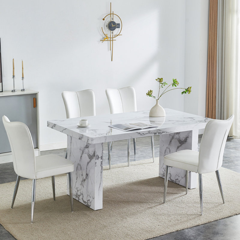 Dining Table Set, Marble Dining Table Set For 4, 63" White Marble Pattern MDF Tabletop And Legs, 4 PU Leather Kitchen Chairs With Chrome Plated Metal Legs For Kitchen.
