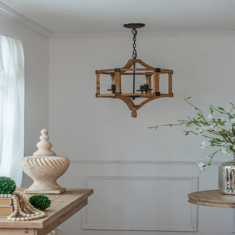Lustre tambour en bois à 3 lumières, luminaire suspendu avec chaîne réglable pour le vestibule de la salle à manger de la cuisine, ampoule non incluse