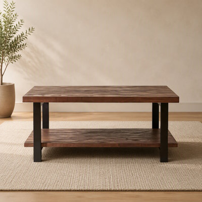 Solid Wood Farmhouse Coffee Table with Open Storage Shelf